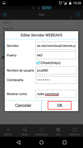 Datos de conexión al servidor WebDAV