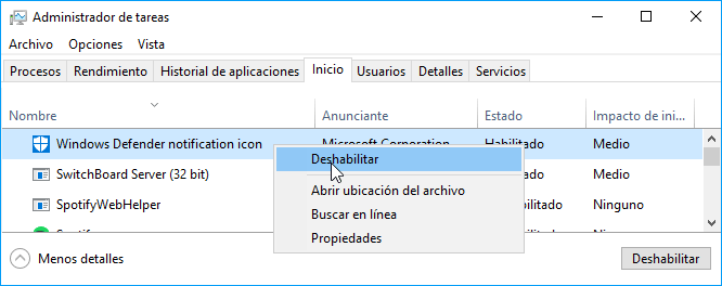 Deshabilitar Windows Defender notification icon