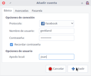 Configurar cuenta de facebook en Pidgin