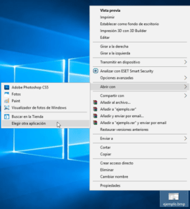 Menú contextual de Windows 10 para elegir el programa predeterminado