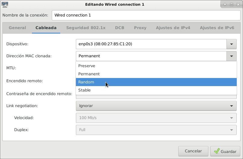 Opciones de configuración de la MAC Address