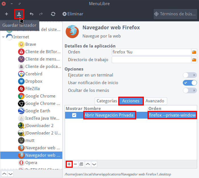 Crear una acción para la entrada del menú Firefox