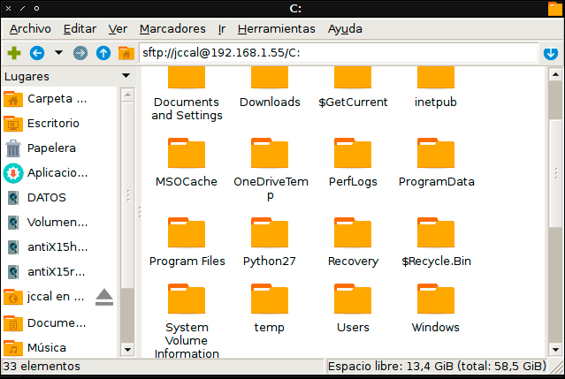 Conexión SSH establecida mediante el gestor de archivos