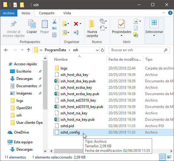 Archivos de configuración de SSH en Windows