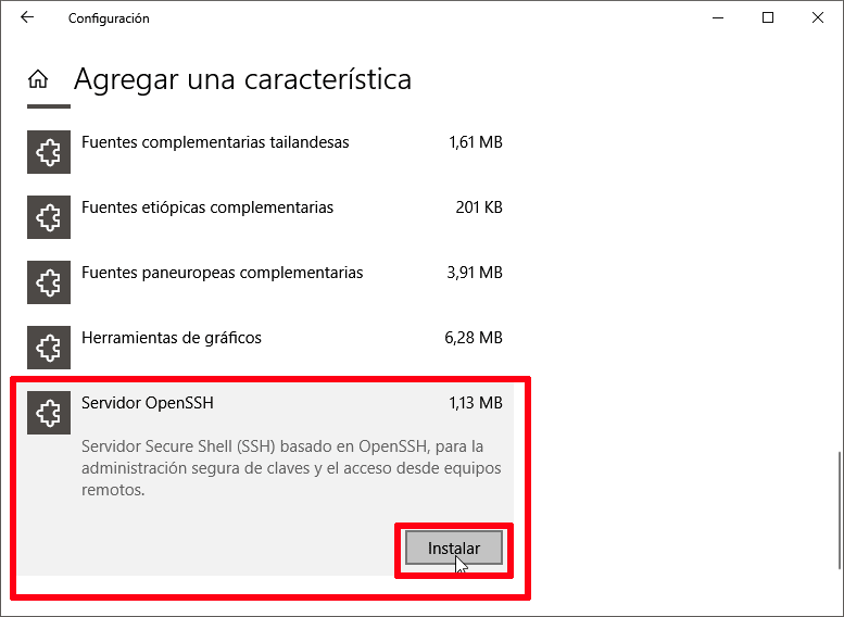 Instalar servidor SSH en Windows 10