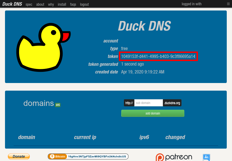 Apuntar el Token proporcionado por Duck DNS