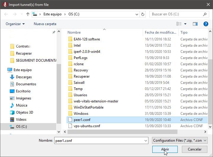 Seleccionar el fichero de configuración de Wireguard