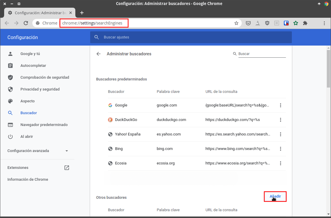 Añadir motor de búsqueda en Chrome