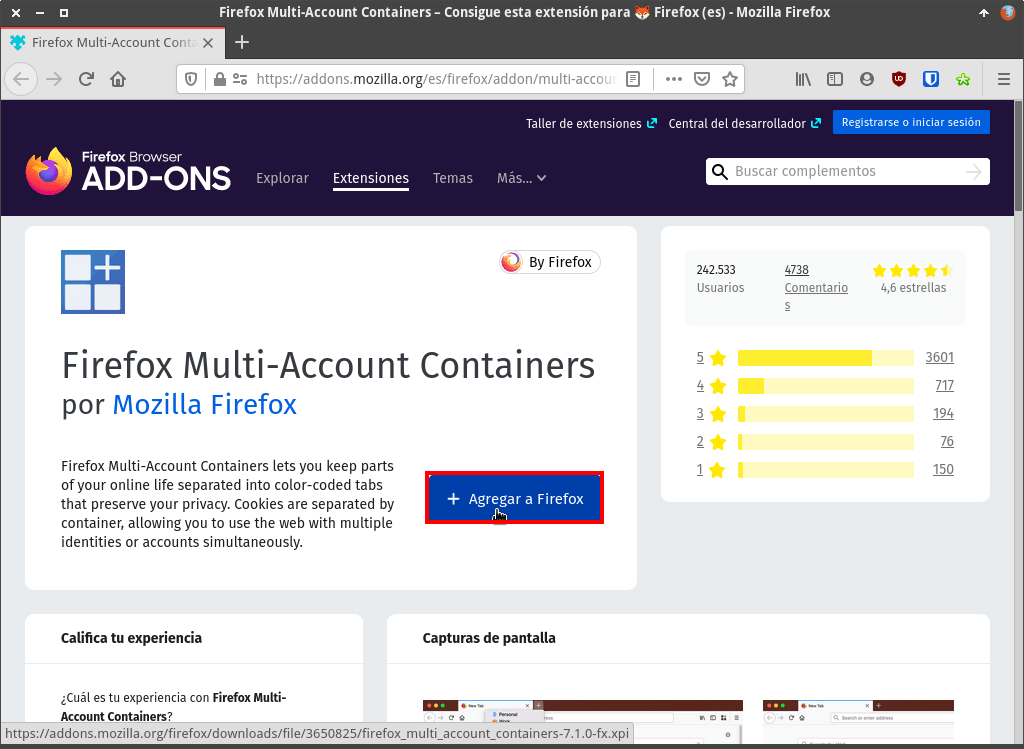 Instalar la extensión Firefox Multi-Account containers en Firefox