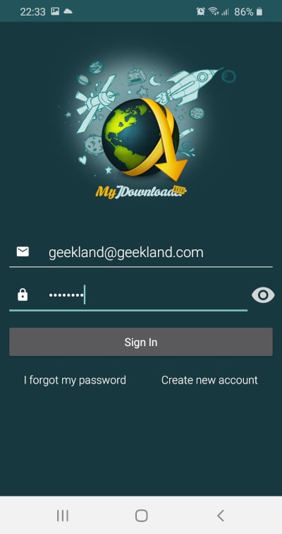 Pantalla de login de MyJDownloader en Android