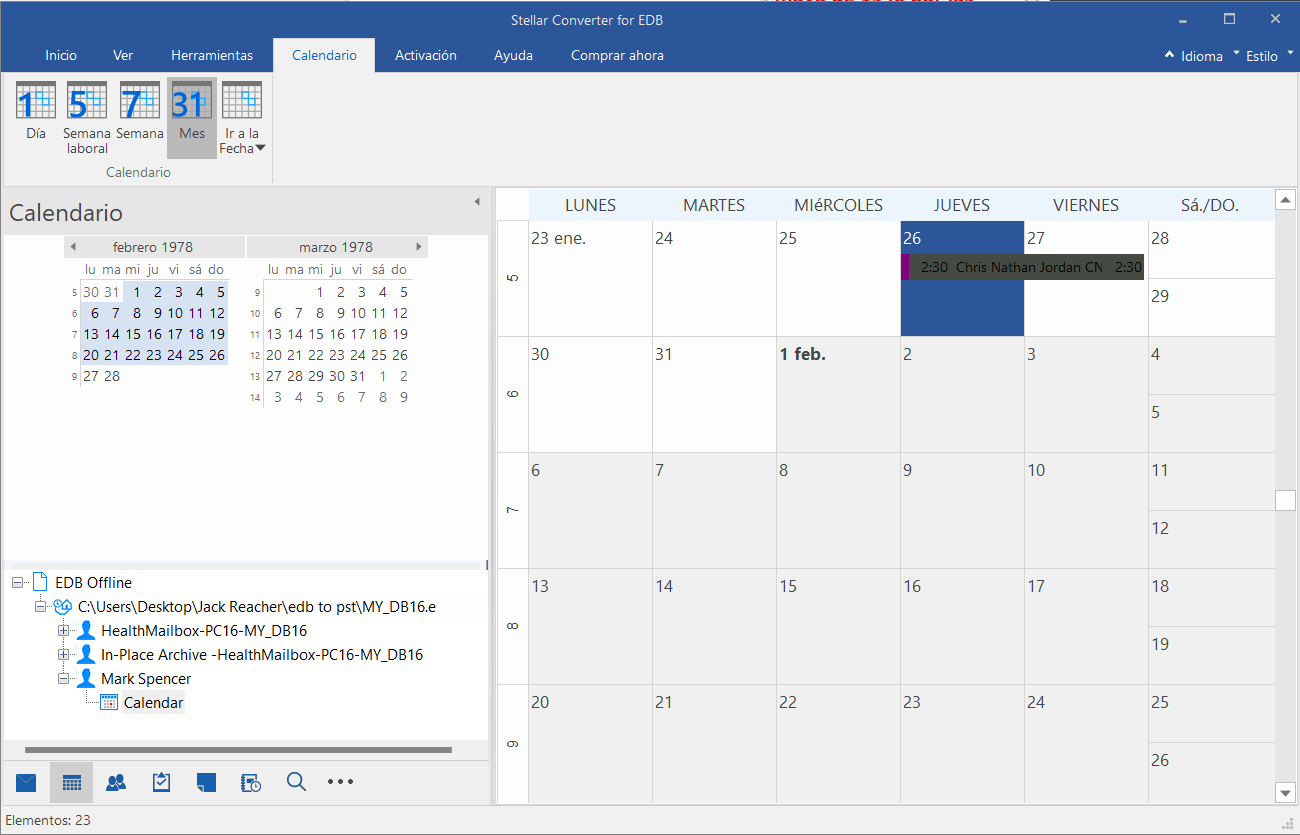 Ver el calendario de una base de datos Exchange